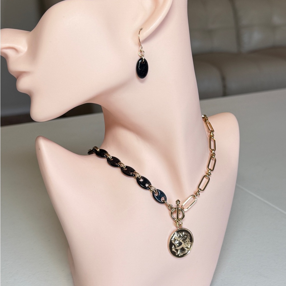 Gold and Black Chain Link Coin Necklace with Matching Drops Earrings - Picture 5 of 11